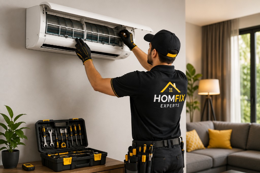 HomFix Experts technician servicing a wall-mounted AC — Islamabad & Rawalpindi